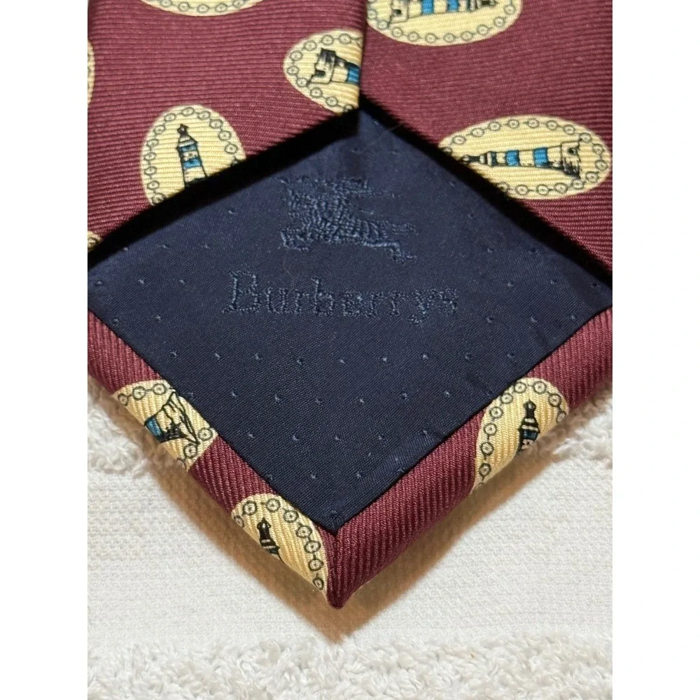 Burberrys of London Mens Silk Tie Burgundy Lighthouse Nautical Hand Sewn USA